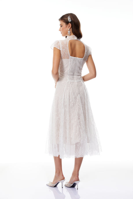 Aurohaya Velia White Lace Glitter Tulle Maxi Gown