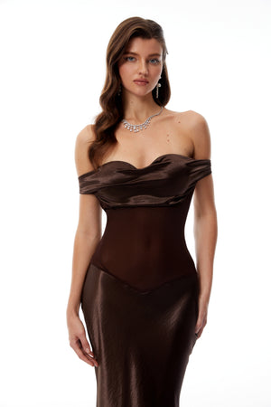 Aurohaya Gitta Brown Off Shoulder Satin Maxi Gown