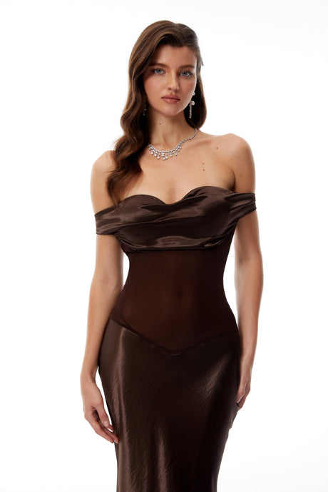 Aurohaya Gitta Brown Off Shoulder Satin Maxi Gown