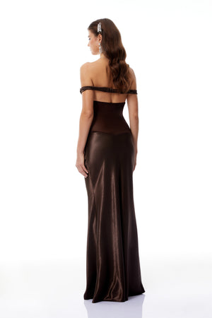 Aurohaya Gitta Brown Off Shoulder Satin Maxi Gown