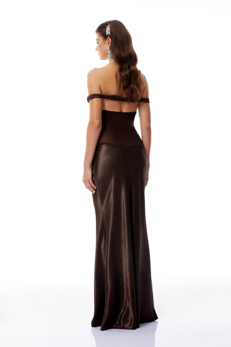 Aurohaya Gitta Brown Off Shoulder Satin Maxi Gown