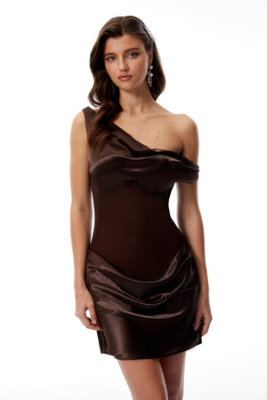 Aurohaya Pernilla Brown One Shoulder Satin Mini Dress