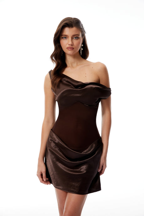 Aurohaya Pernilla Brown One Shoulder Satin Mini Dress