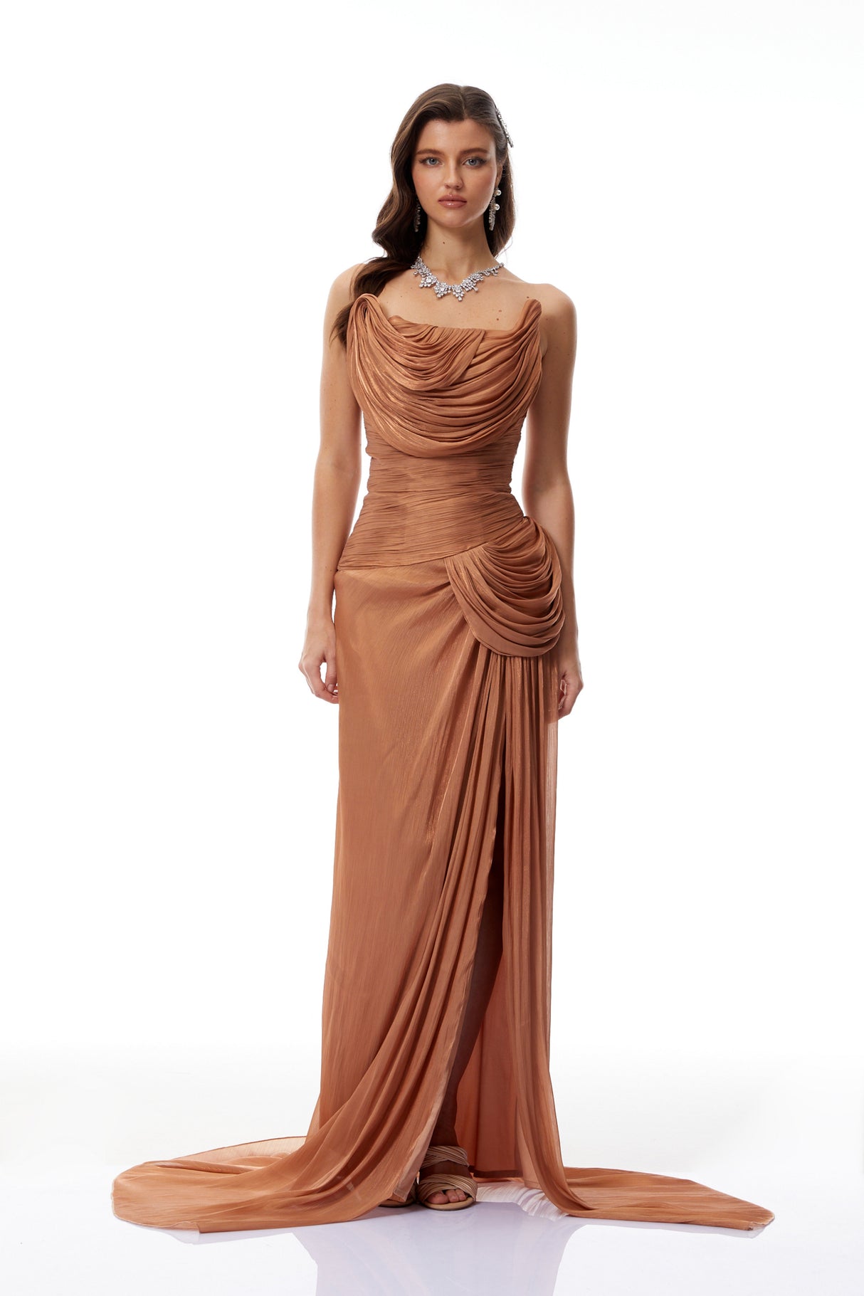 Aurohaya Gelsomina Gold Asymmetrical Glossy Gathered Maxi Dress