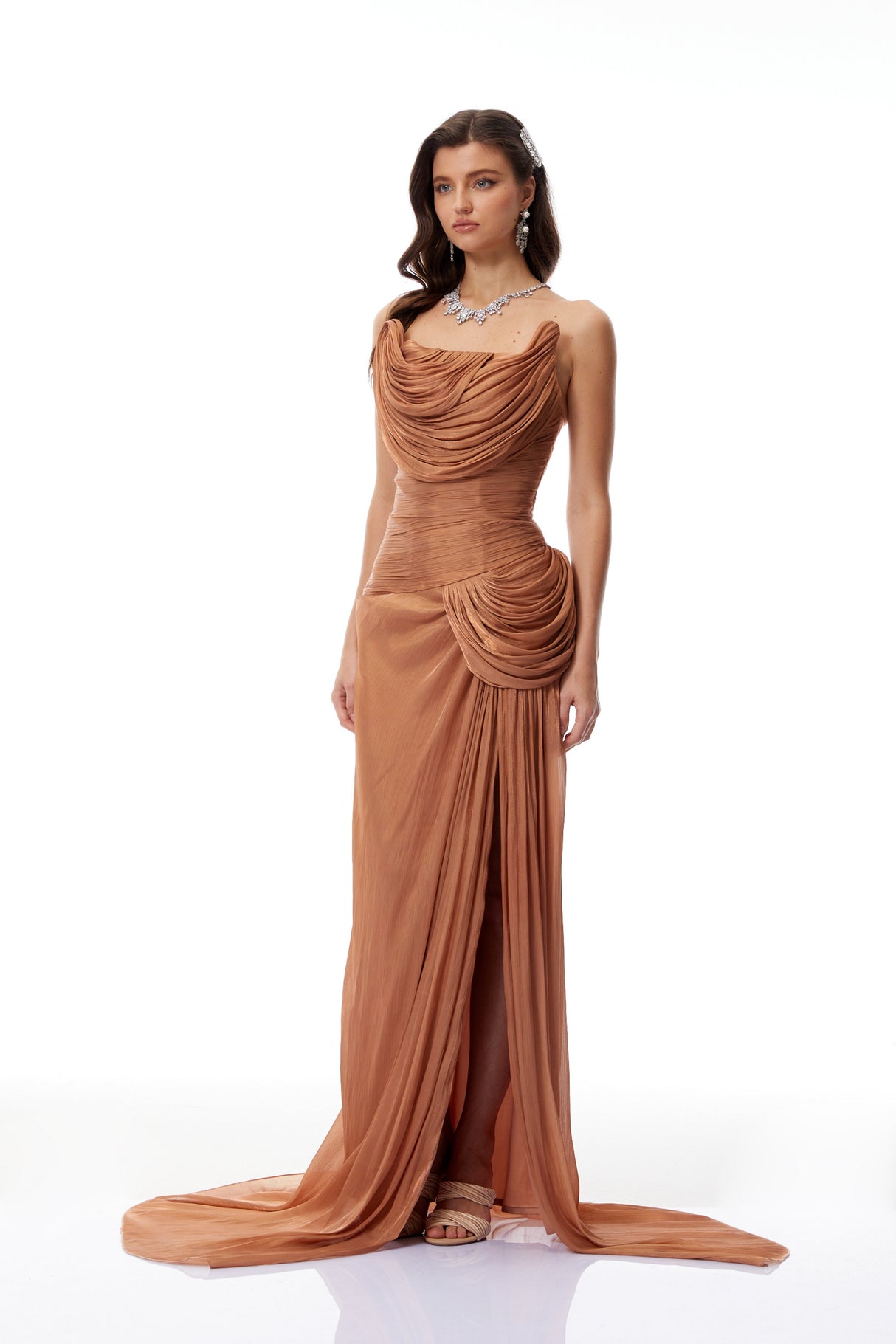 Aurohaya Gelsomina Gold Asymmetrical Glossy Gathered Maxi Dress