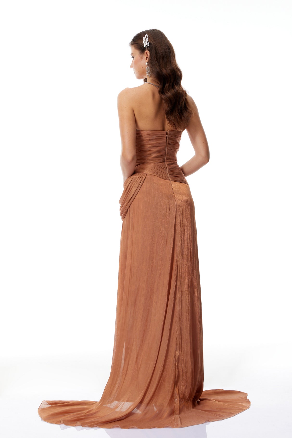 Aurohaya Gelsomina Gold Asymmetrical Glossy Gathered Maxi Dress