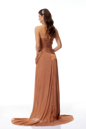 Aurohaya Gelsomina Gold Asymmetrical Glossy Gathered Maxi Dress