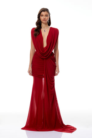 Aurohaya Fíona Red Asymmetrical Draped Maxi Gown