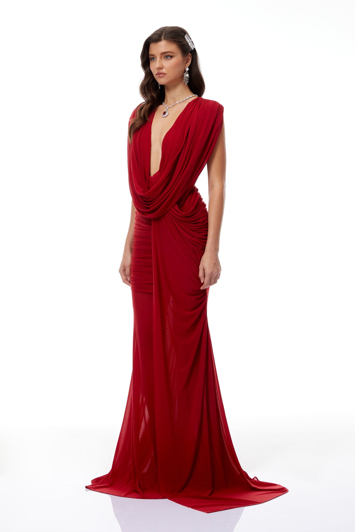 Aurohaya Fíona Red Asymmetrical Draped Maxi Gown