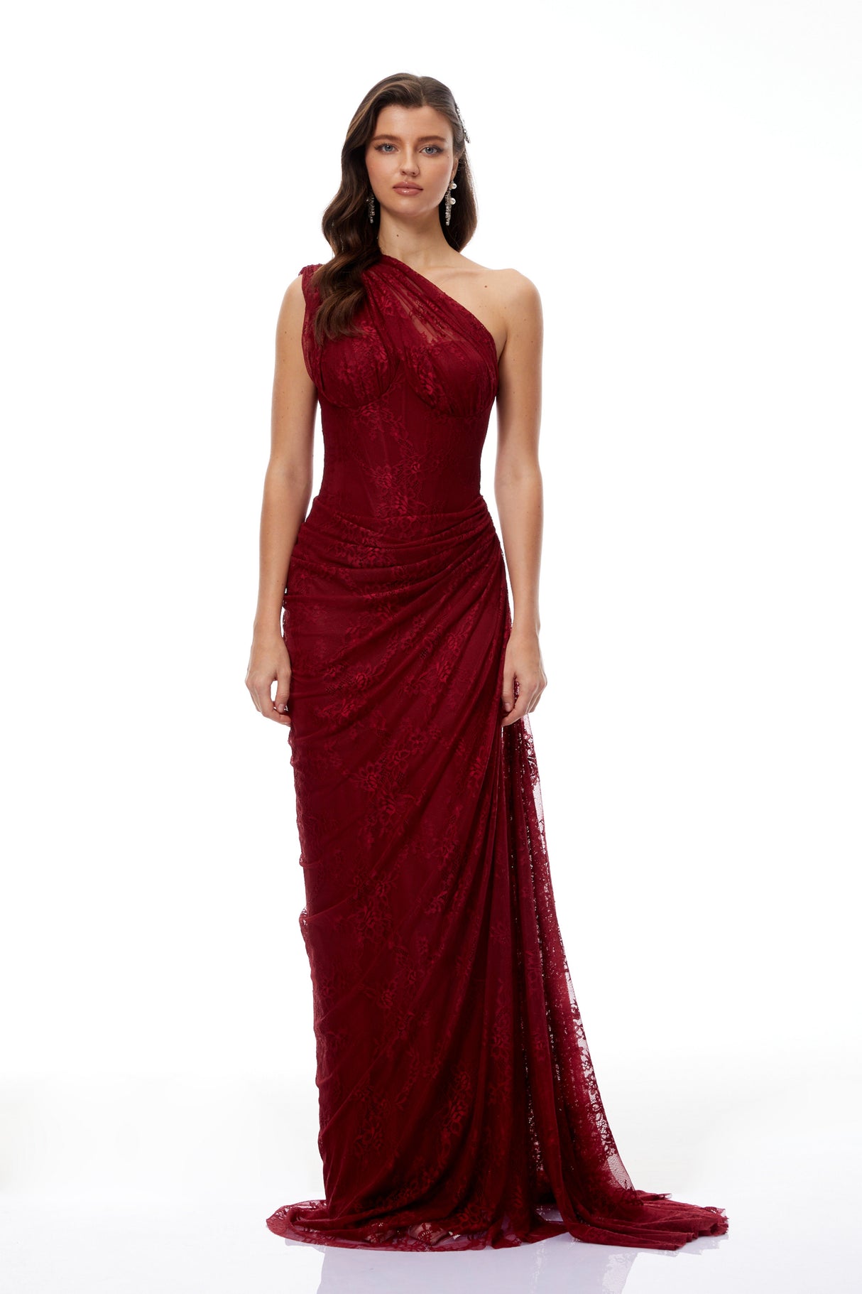 Aurohaya Stefania Ruby Red Floral Lace Maxi Gown