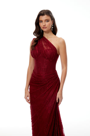 Aurohaya Stefania Ruby Red Floral Lace Maxi Gown