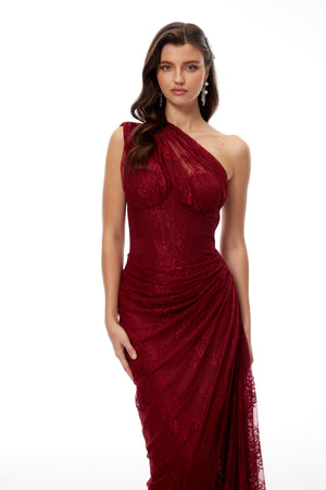 Aurohaya Stefania Ruby Red Floral Lace Maxi Gown