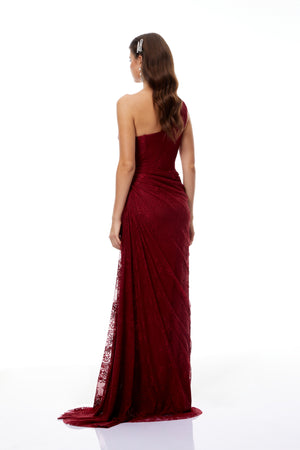 Aurohaya Stefania Ruby Red Floral Lace Maxi Gown