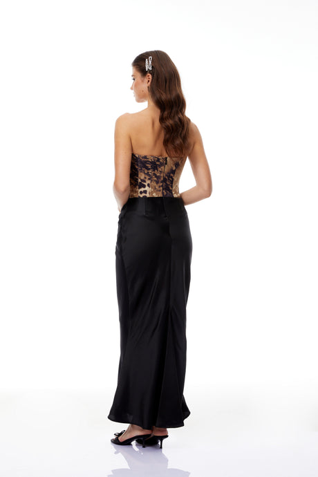Aurohaya Amalia Black Leopard Corset Satin Maxi Dress