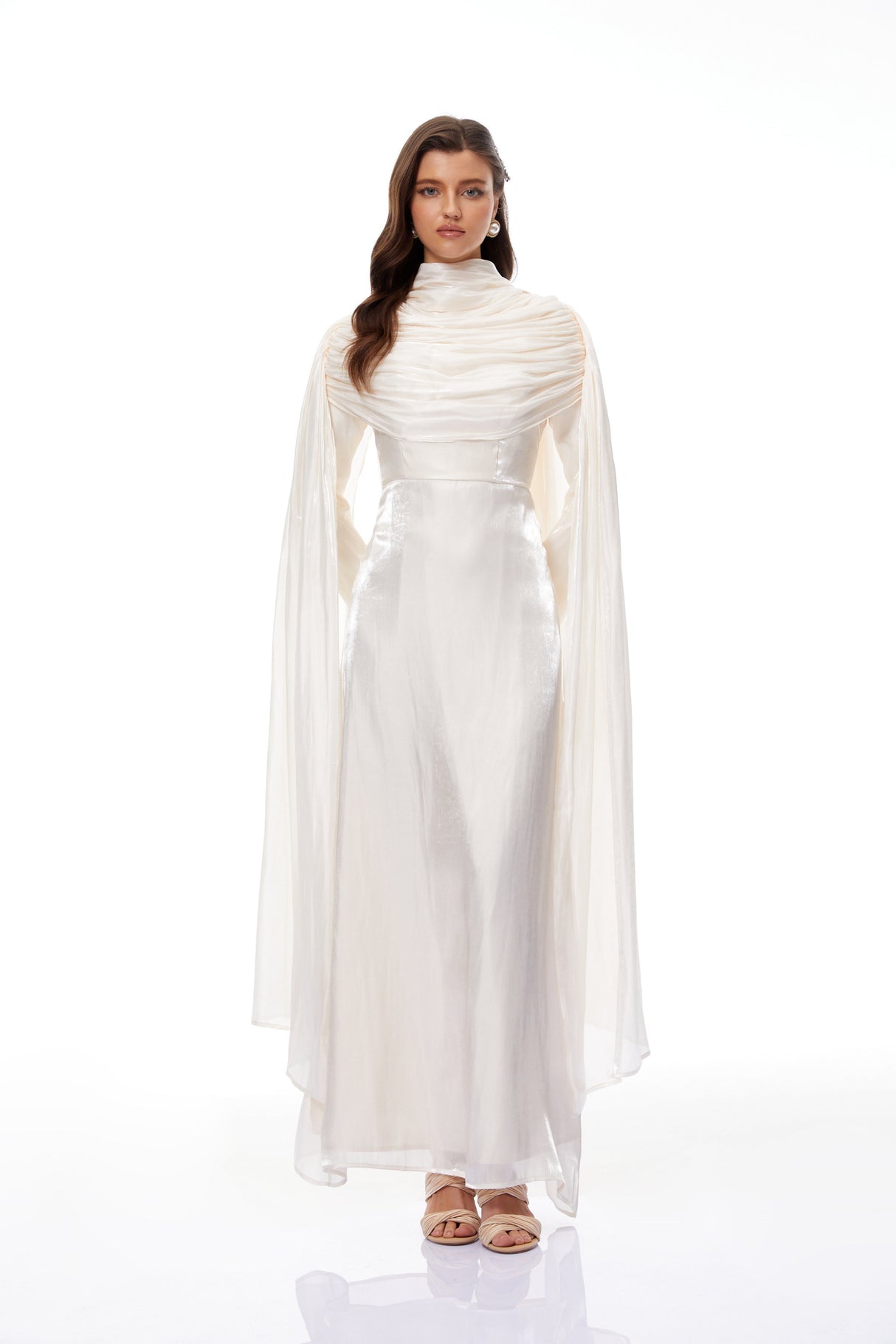 Aurohaya Hege Cream Glossy Ruched Cape Maxi Dress