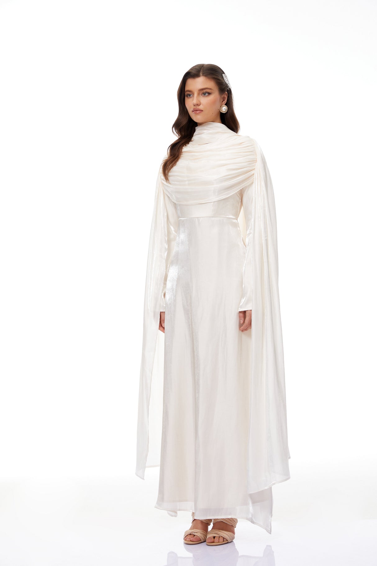 Aurohaya Hege Cream Glossy Ruched Cape Maxi Dress