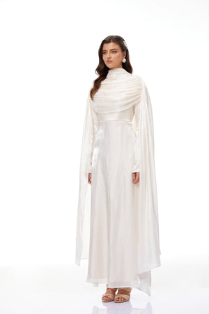 Aurohaya Hege Cream Glossy Ruched Cape Maxi Dress