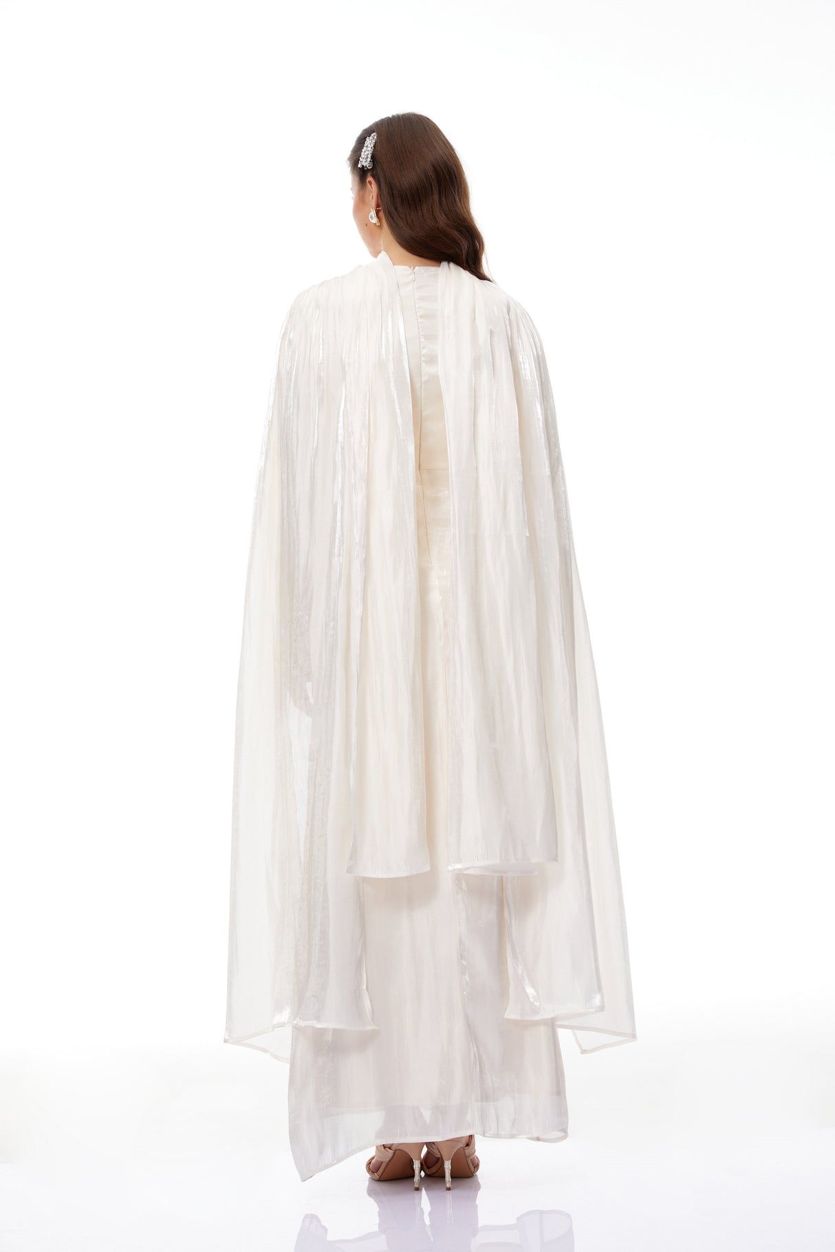 Aurohaya Hege Cream Glossy Ruched Cape Maxi Dress