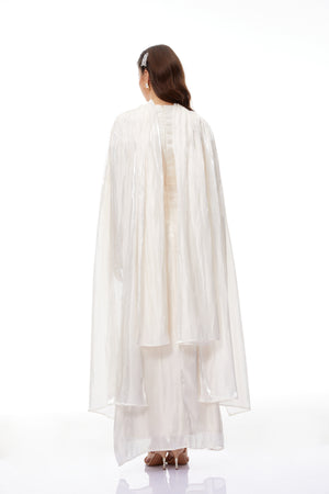 Aurohaya Hege Cream Glossy Ruched Cape Maxi Dress