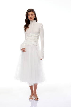 Aurohaya Lark White Tulle Panel Knit Midi Dress