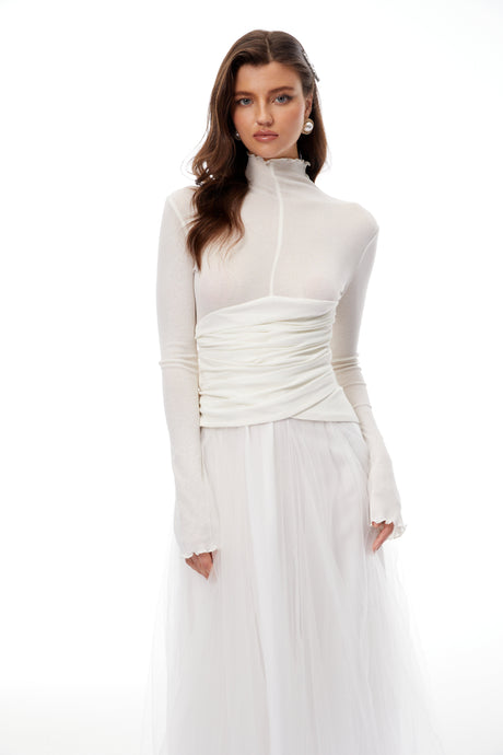 Aurohaya Lark White Tulle Panel Knit Midi Dress