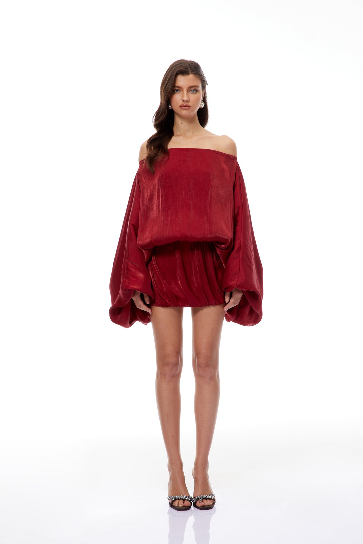 Aurohaya Patrizia Red Off Shoulder Glossy Mini Dress