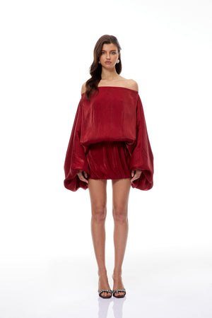Aurohaya Patrizia Red Off Shoulder Glossy Mini Dress