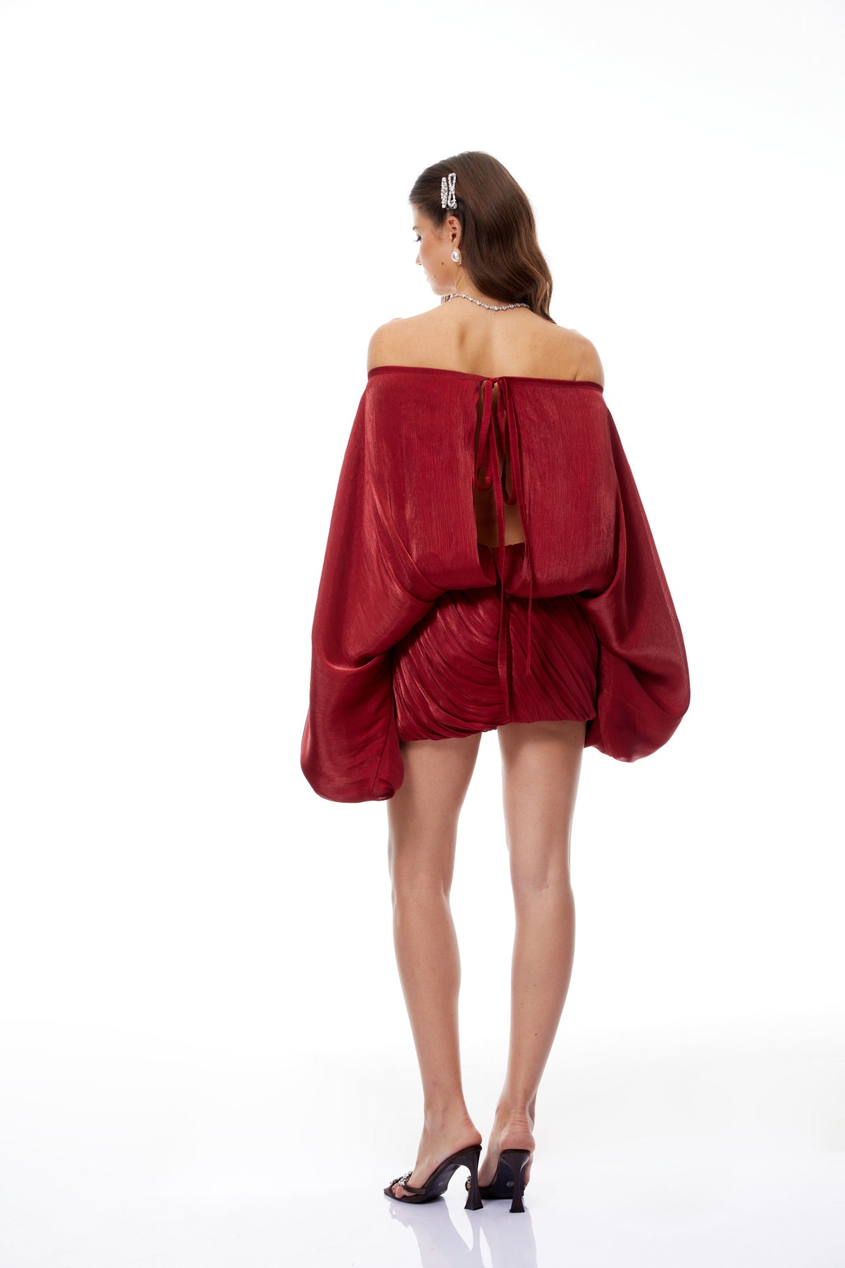 Aurohaya Patrizia Red Off Shoulder Glossy Mini Dress
