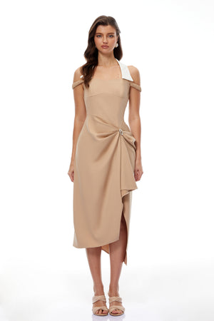 Aurohaya Kaelin Khaki Halterneck Asymmetrical Gathered Midi Dress