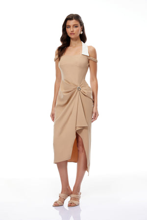 Aurohaya Kaelin Khaki Halterneck Asymmetrical Gathered Midi Dress