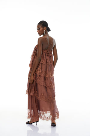 Aurohaya Sloane Brown Ruffled Lace Trim Maxi Dress