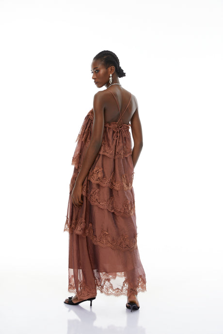 Aurohaya Sloane Brown Ruffled Lace Trim Maxi Dress