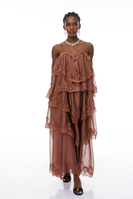 Aurohaya Sloane Brown Ruffled Lace Trim Maxi Dress