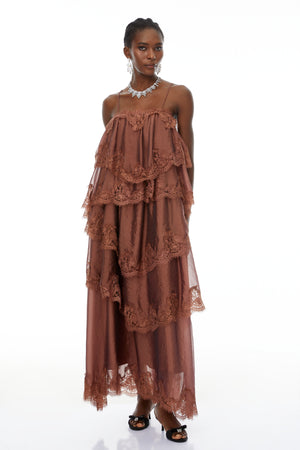Aurohaya Sloane Brown Ruffled Lace Trim Maxi Dress