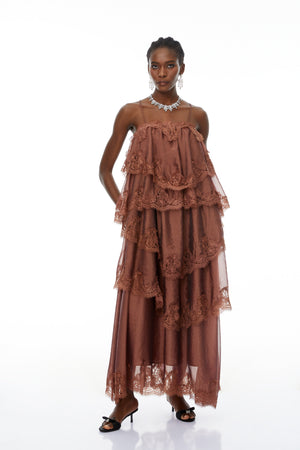 Aurohaya Sloane Brown Ruffled Lace Trim Maxi Dress