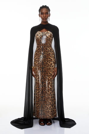 Aurohaya Lorenzo Black Cape & Leopard Print Maxi Dress Set