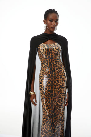 Aurohaya Lorenzo Black Cape & Leopard Print Maxi Dress Set