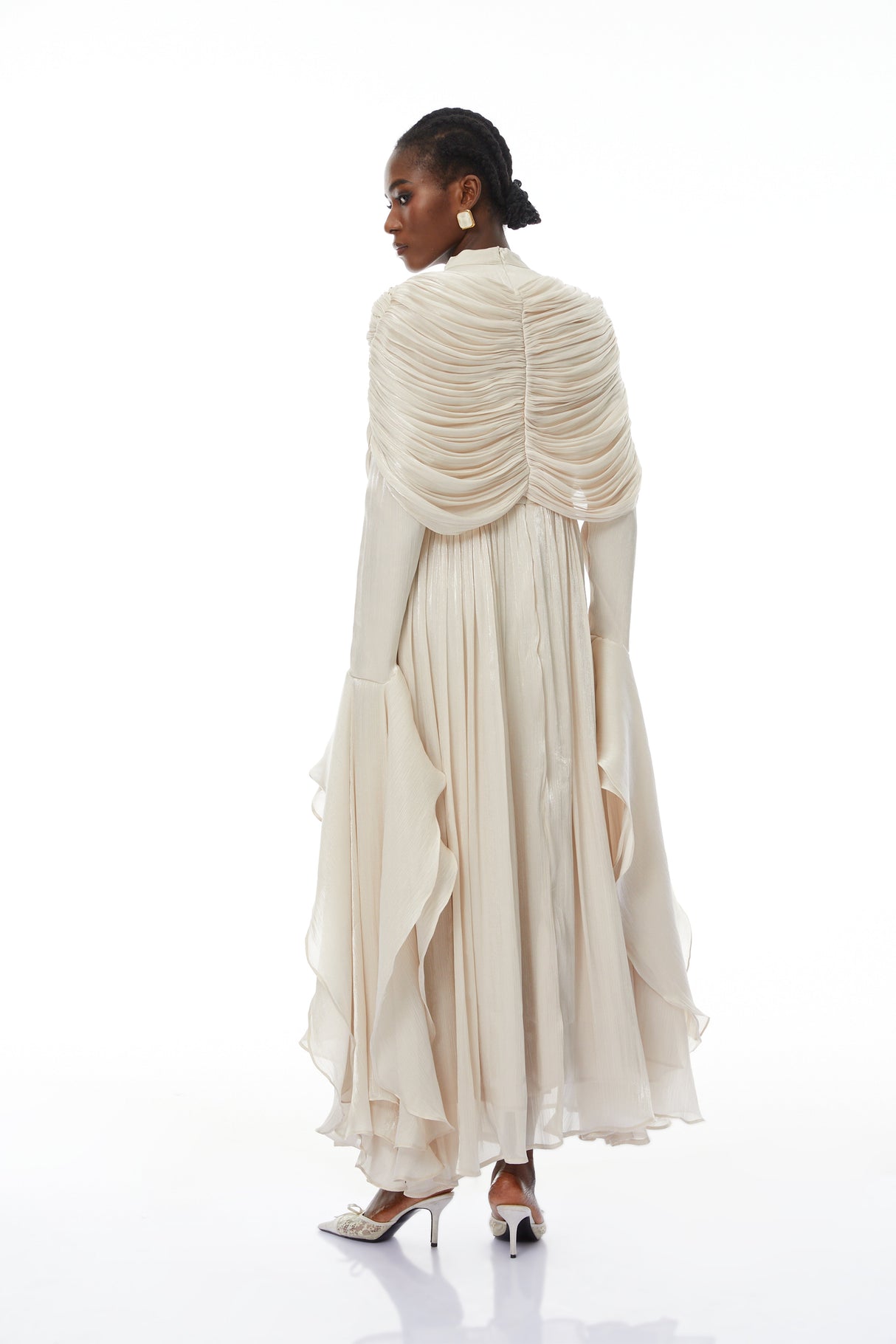 Aurohaya Gustave Neutral Ruched Cape Ruffled Maxi Dress