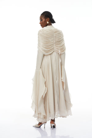 Aurohaya Gustave Neutral Ruched Cape Ruffled Maxi Dress