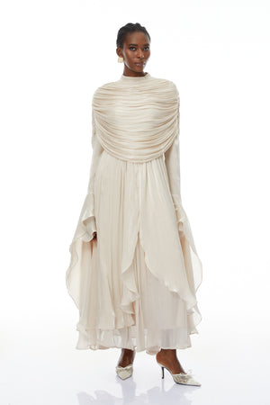 Aurohaya Gustave Neutral Ruched Cape Ruffled Maxi Dress