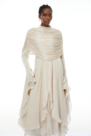 Aurohaya Gustave Neutral Ruched Cape Ruffled Maxi Dress