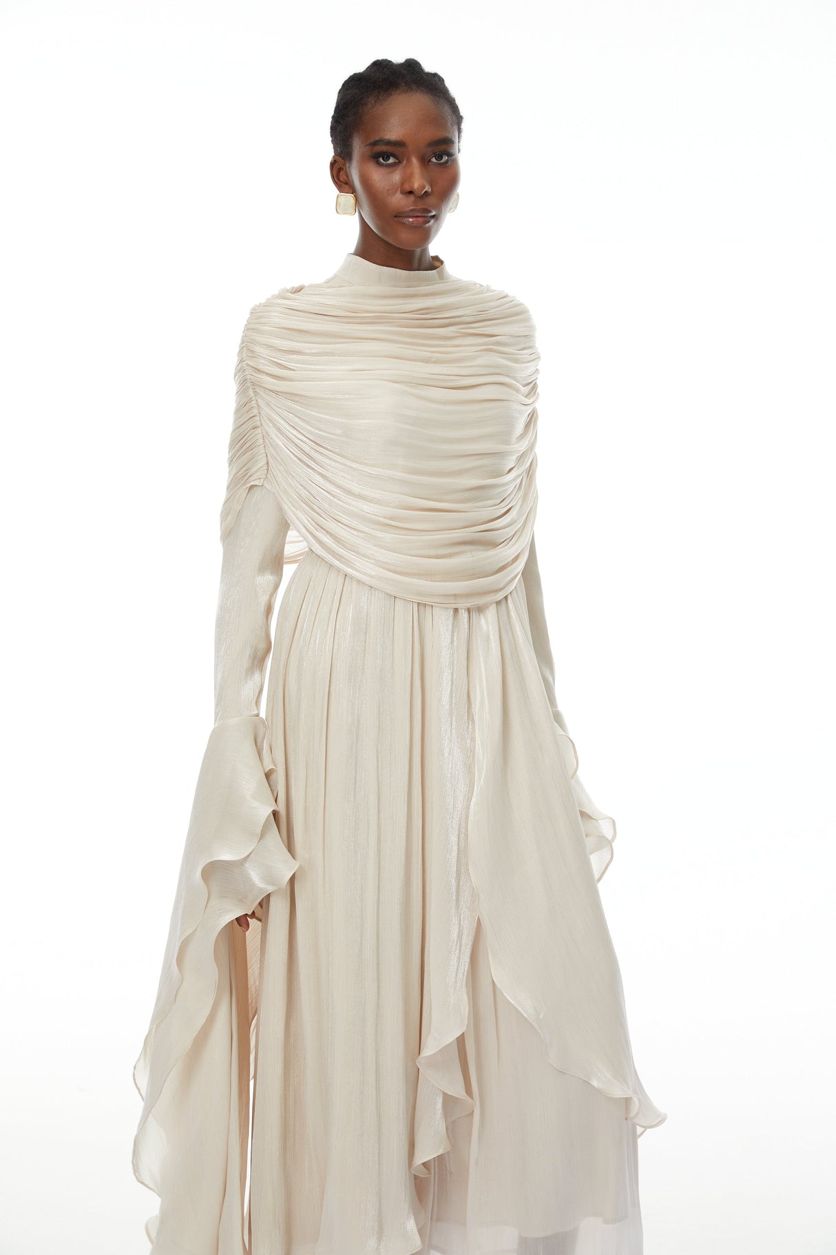 Aurohaya Gustave Neutral Ruched Cape Ruffled Maxi Dress