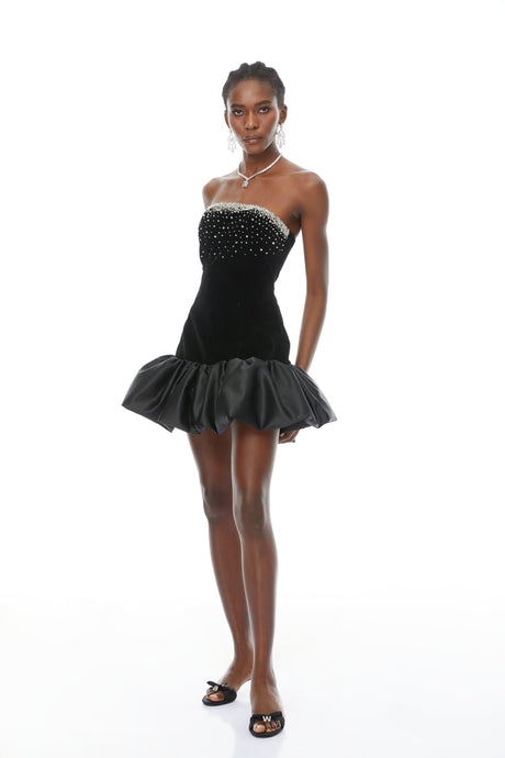 Aurohaya Lucía Black Beaded Embellished Velvet Mini Dress