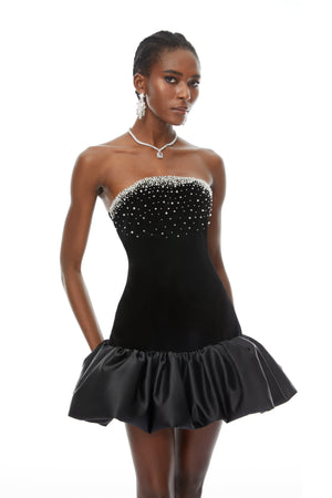 Aurohaya Lucía Black Beaded Embellished Velvet Mini Dress