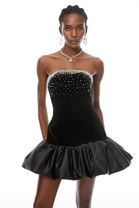 Aurohaya Lucía Black Beaded Embellished Velvet Mini Dress