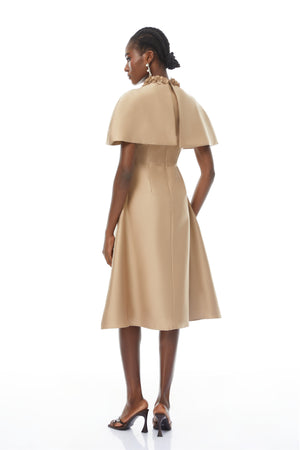 Aurohaya Hilda Khaki Cape Design Satin Midi Dress