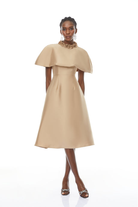 Aurohaya Hilda Khaki Cape Design Satin Midi Dress