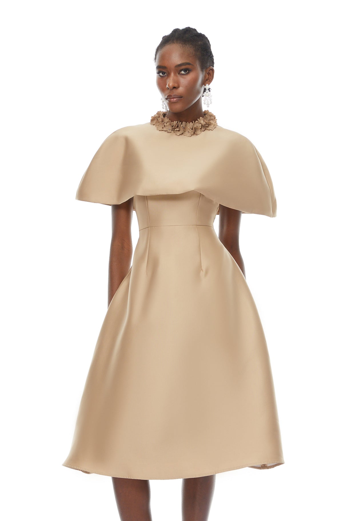 Aurohaya Hilda Khaki Cape Design Satin Midi Dress