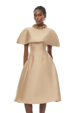 Aurohaya Hilda Khaki Cape Design Satin Midi Dress