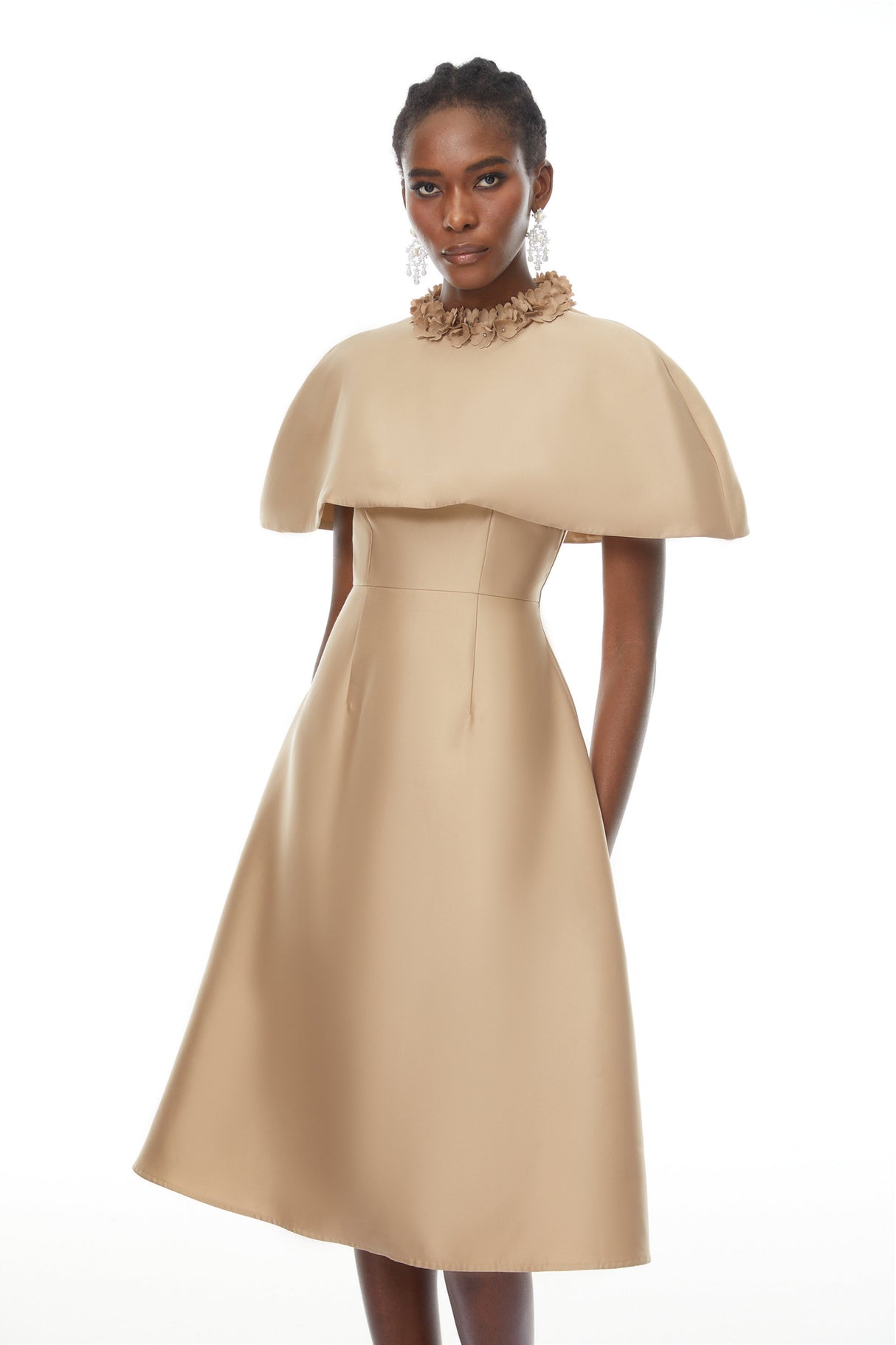 Aurohaya Hilda Khaki Cape Design Satin Midi Dress